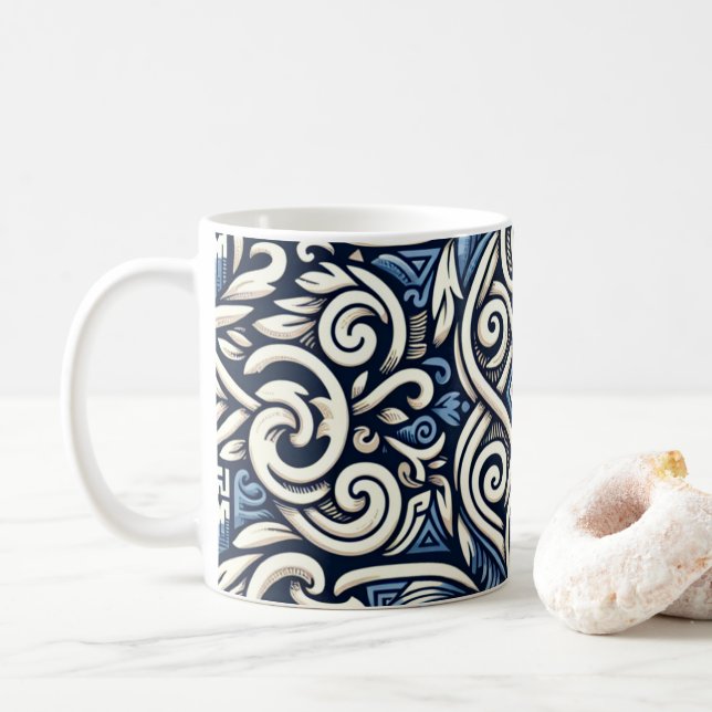 Taza De Café Patrón griego moderno azul y blanco (Con donut)