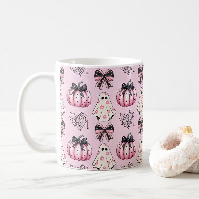 Taza De Café Patrón Halloween de la Calabaza Rosa Coquette (Con donut)