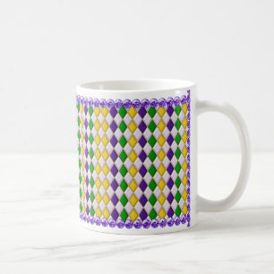 Taza De Café Patrón Harlequin Mardi Gras Mug con cuentas morada