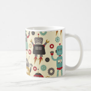 Taza De Café Patrón ilustrado de robots retro divertidos (crema
