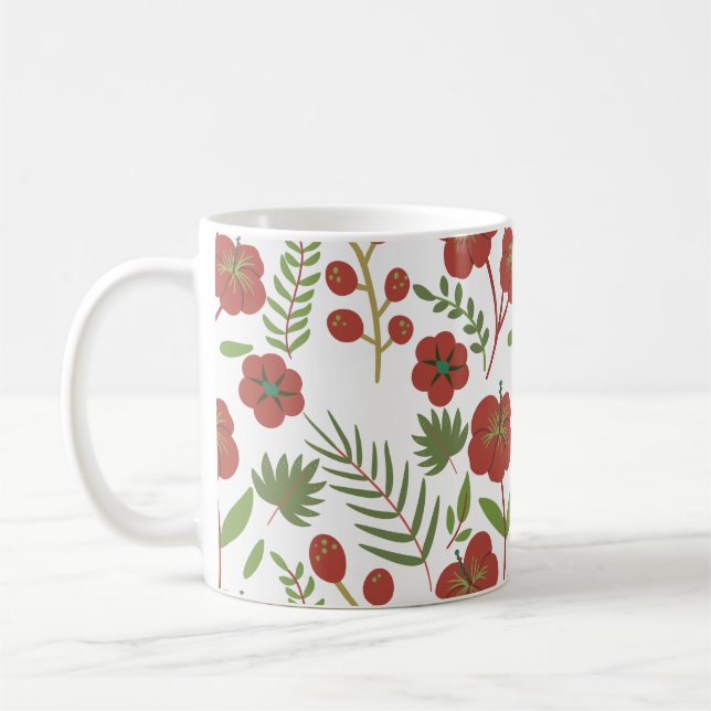 Taza De Café Patrón ininterrumpido de flores rojas sobre fondo  (Izquierda)