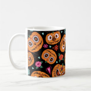 Taza De Café patrón inmaculado vintage para Halloween. Calabaza