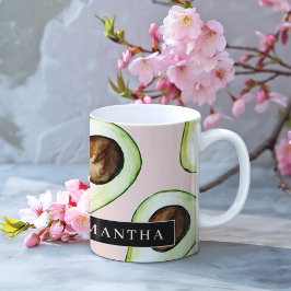 Taza De Café Patrón Moderno De Aguacate Rosa Y Verde Con Nombre