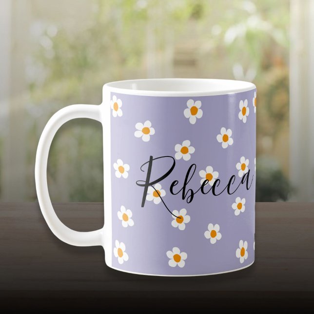 Taza De Café Patrón moderno de margarita morado personalizado (Cute Modern Daisy Pattern Purple Personalized Coffee Mug)