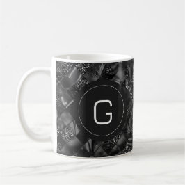 Taza De Café Patrón moderno monogramado negro falso Purpurina