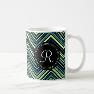 Taza De Café Patrón Monogramado Azul Negro Tribal Chevron