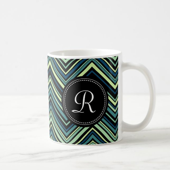 Taza De Café Patrón Monogramado Azul Negro Tribal Chevron (Derecha)