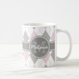 Taza De Café Patrón monogramado de arglos rosa y gris