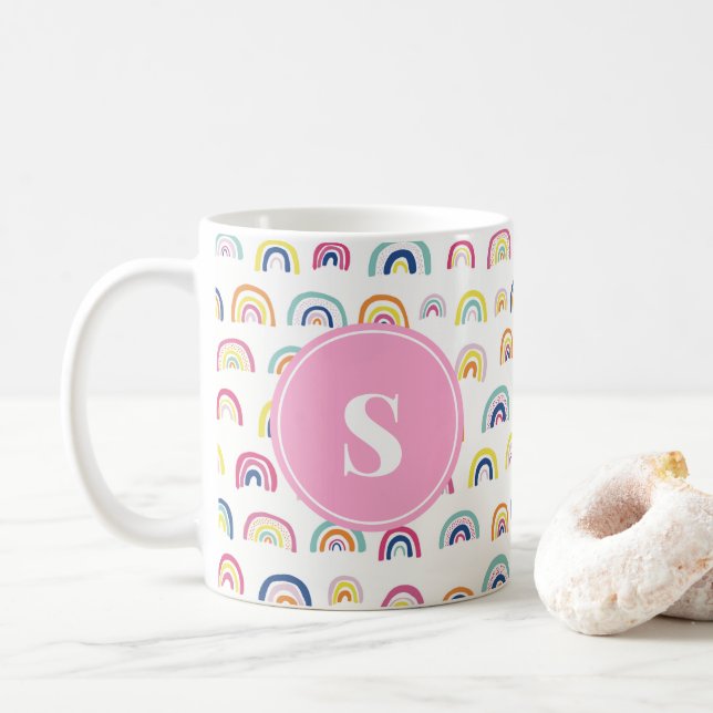 Taza De Café Patrón Monogramado Girly Cute Rainbow (Con donut)