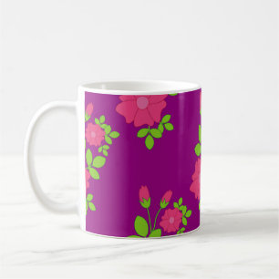 Taza De Café Patrón morado sin costuras con flores rosadas y co