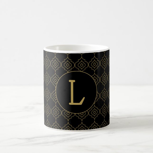 Taza De Café Patrón negro y dorado con monograma personalizado (Centro)