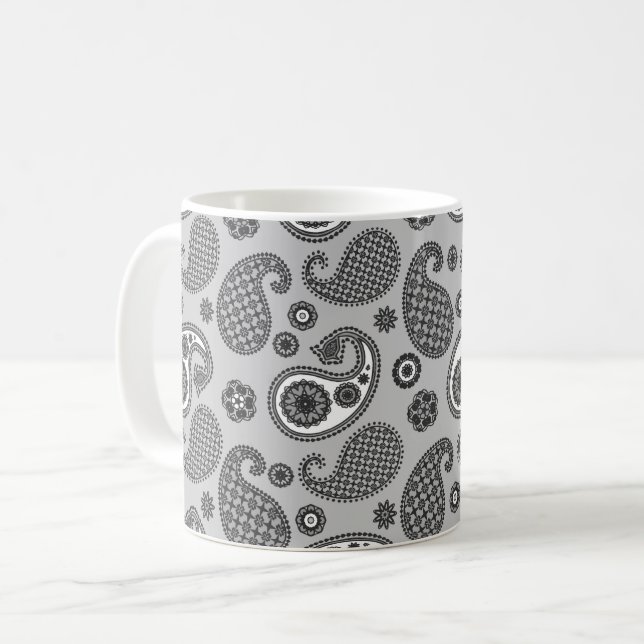 Taza De Café Patrón Paisley, gris, negro y blanco (Anverso izquierdo)