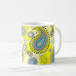 Taza De Café Patrón Paisley Tribal Limón Amarillo Turquesa