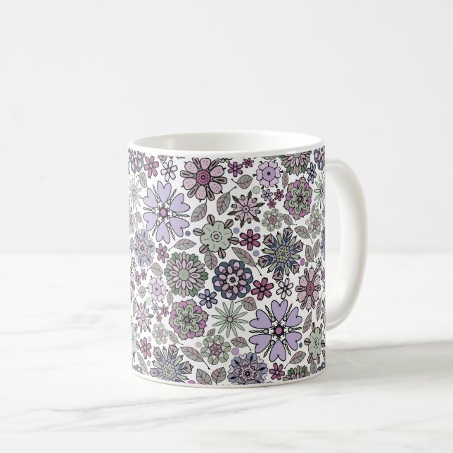 Taza De Café Patrón retro pastel rosa morado floral sin soldadu (Anverso derecho)