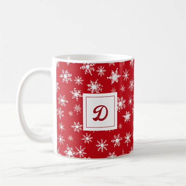 Taza De Café Patrón rojo de copo de nieve monograma personaliza (Izquierda)