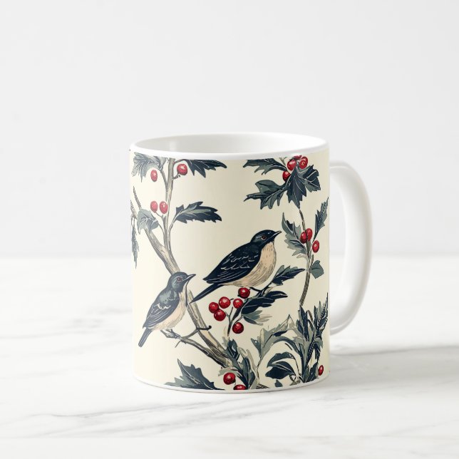 Taza De Café Patrón Rústico de Navidades de Pájaros y Poinsetti (Anverso derecho)