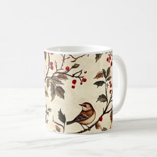 Taza De Café Patrón Rústico de Navidades de Pájaros y Poinsetti