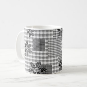 Taza De Café Patrón rústico de remiendo retro en blanco y negro