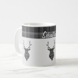 Taza De Café Patrón Rústico Gris Tartán Y Antler De Cabeza De E