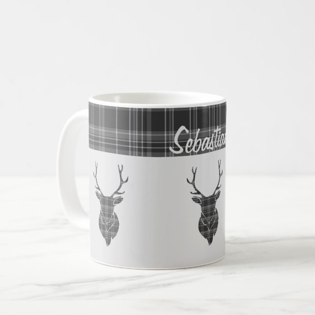 Taza De Café Patrón Rústico Gris Tartán Y Antler De Cabeza De E (Anverso izquierdo)