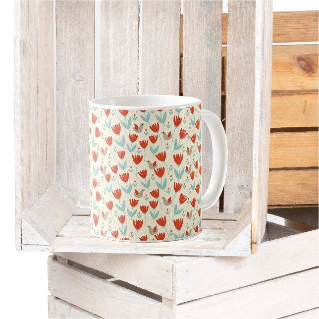 Taza De Café Patrón simple de flores y aves escandinavas (Subido por el creador)