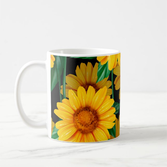 Taza De Café Patrón sin costuras de girasol. Fondo amarillo (Izquierda)