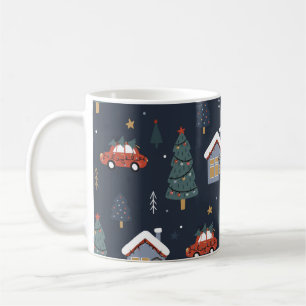Taza De Café Patrón sin fisuras con árbol de navidad, auto