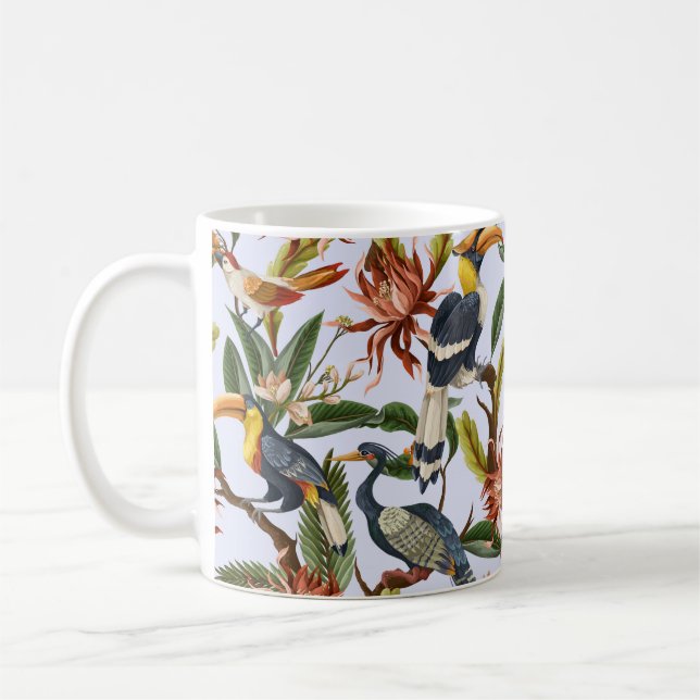 Taza De Café Patrón sin foco con aves y hojas tropicales (Izquierda)
