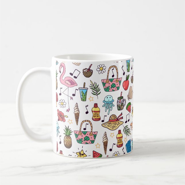 Taza De Café Patrón sin foco con elementos de verano. ilustraci (Izquierda)