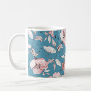 Taza De Café Patrón sin foco con flores primaverales y hojas. H