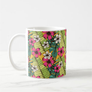 Taza De Café Patrón sin foco con flores tropicales, hojas de pa