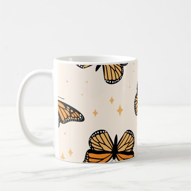 Taza De Café Patrón sin foco con mariposas monarcas. Contemp (Izquierda)