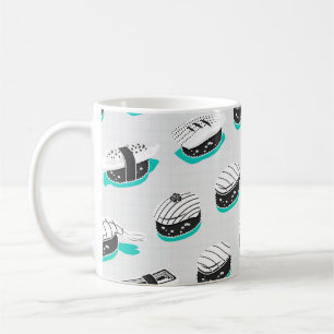 Taza De Café Patrón sin foco con sushi nigiri