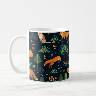 Taza De Café Patrón sin foco con zorros, árboles, hojas, hongos
