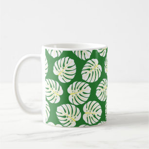 Taza De Café Patrón sin foco de hojas de monstera blancas en un