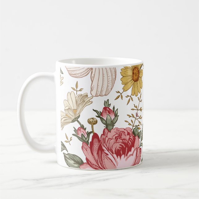 Taza De Café Patrón sin foco. Hermoso realismo rosa floreciente (Izquierda)