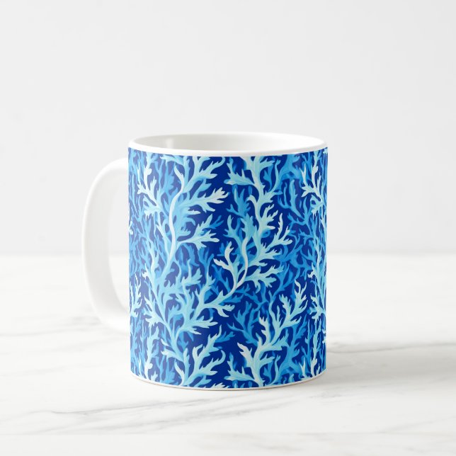 Taza De Café Patrón textil costero de algas azules (Anverso izquierdo)