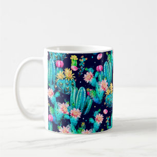 Taza De Café Patrón transparente de acuarela. Cactus floridos e
