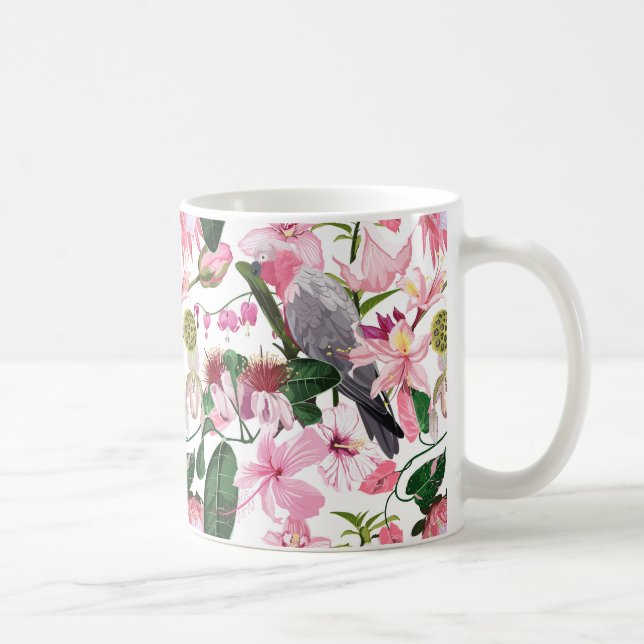 Taza De Café Patrón tropical exótico con loro y flores (Derecha)