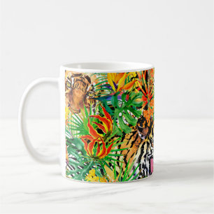 Taza De Café patrón tropical sin costuras con tigre. acuarela j