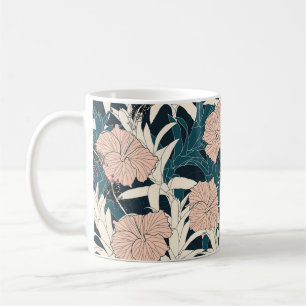 Taza De Café Patrón tropical sin foco con hibiscus flowe rosa