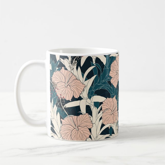 Taza De Café Patrón tropical sin foco con hibiscus flowe rosa (Izquierda)