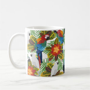 Taza De Café Patrón tropical sin foco con loros. 