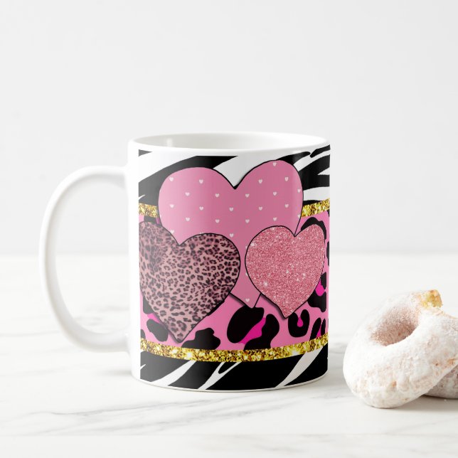 Taza De Café Patrones cardíacos vibrantes con huellas animales  (Con donut)