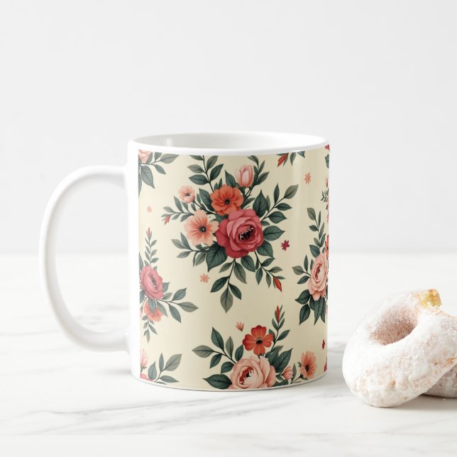 Taza De Café Patrones florales de época con elegancia clásica (Con donut)