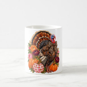 Taza De Café Pavo Floral de Otoño Preppy con Calabazas Leopardo