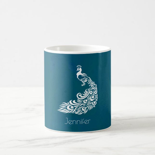Taza De Café Pavo Real en Moda Verde azulada Personalizado (Centro)