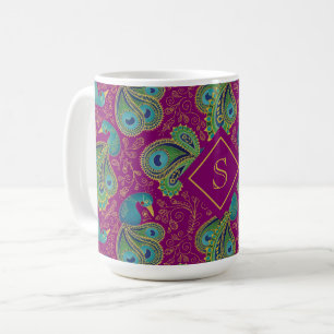 Taza De Café Pavo Real Paisley Rosa Real Fuchsia Monograma