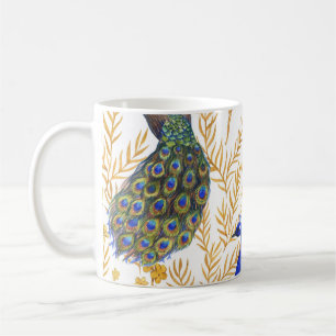 Taza De Café pavos reales chinos, sakura dorada, acuarela.