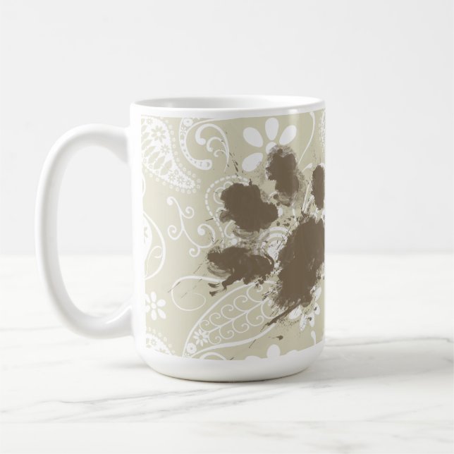 Taza De Café Pawprint divertido en Ecru Paisley (Izquierda)